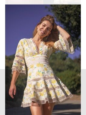 Poéte White and Yellow Floral Lace-Trim Mini Dress NWOT